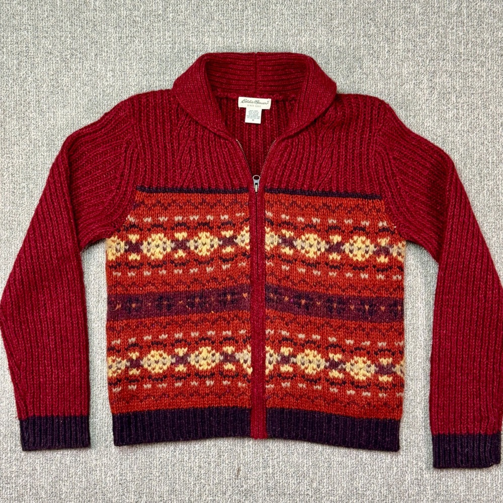 Vintage Eddie Bauer Fair‎ Isle Wool Zip Sweater Women's M Nordic Knit